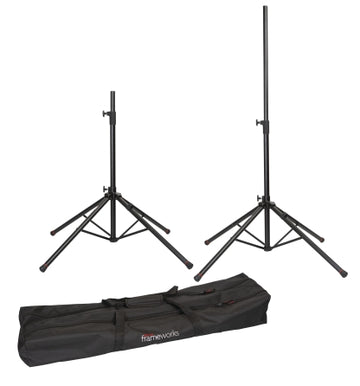 PAIR OF QUAD BASE SPEAKER STANDS W/LIFT ASSIST FOR INDOOR & OUTDOOR EVENTS